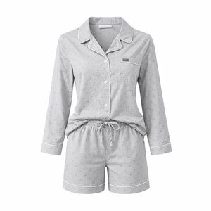 Figs Heartbeat Grey Long Sleeve Button Pajama Sleep Shirt shorts set made cotton